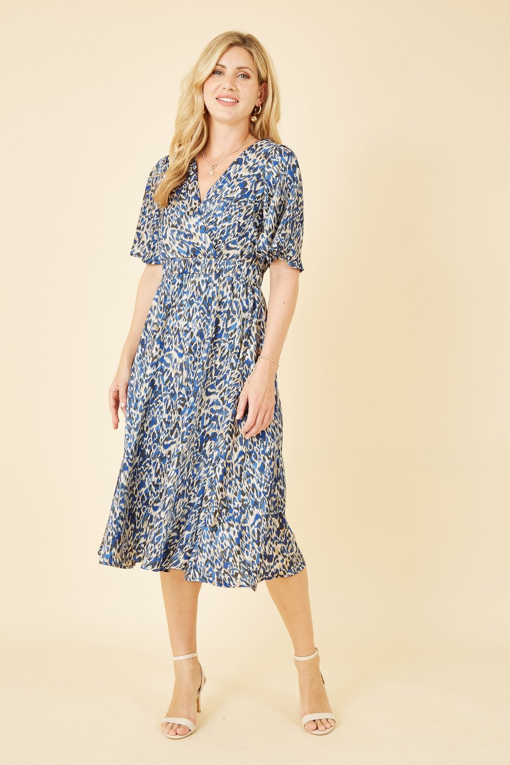 Yumi Blue Animal Print Wrap Midi Skater Dress Yumi