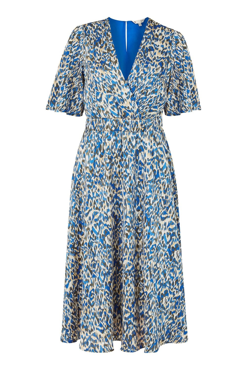 Yumi Blue Animal Print Wrap Midi Skater Dress Yumi