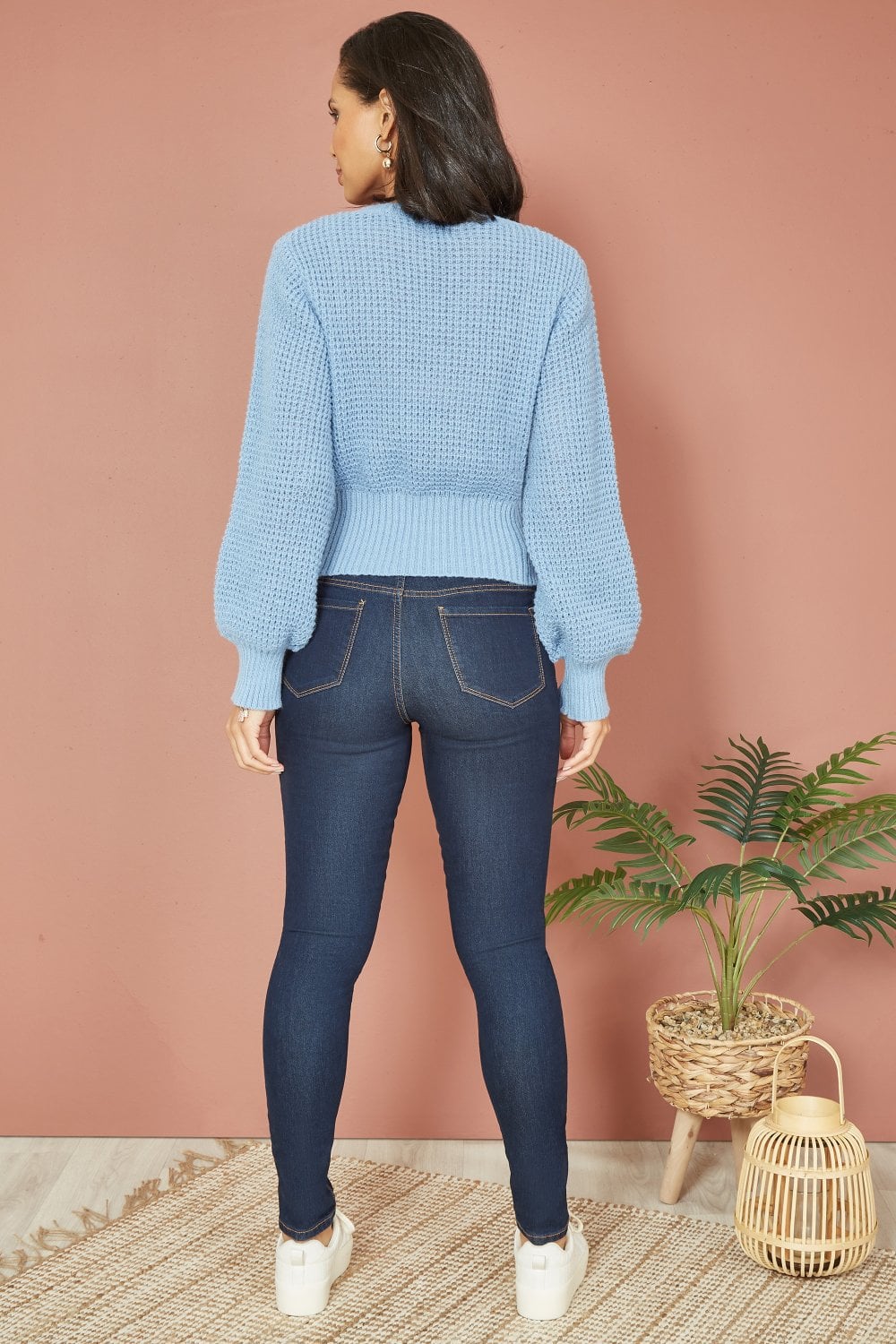 Yumi Blue Balloon Sleeve Cable Knit V Neck Jumper Yumi