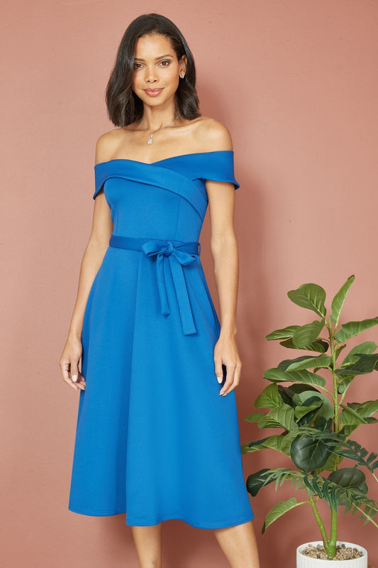 Yumi Blue Bardot Stretch Midi Skater Dress Yumi