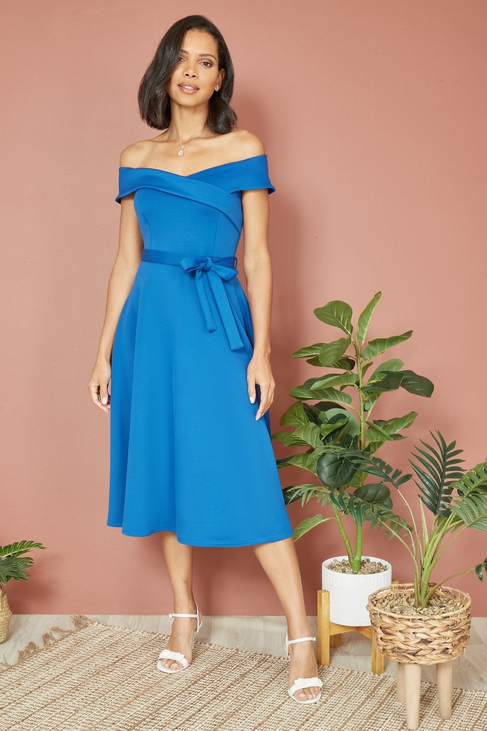 Yumi Blue Bardot Stretch Midi Skater Dress Yumi