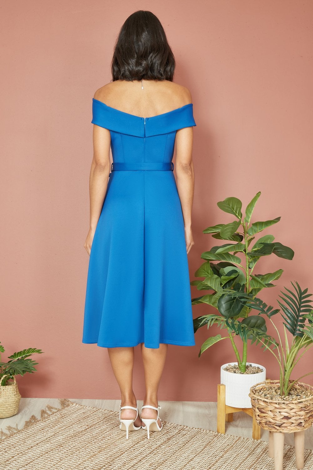 Yumi Blue Bardot Stretch Midi Skater Dress Yumi