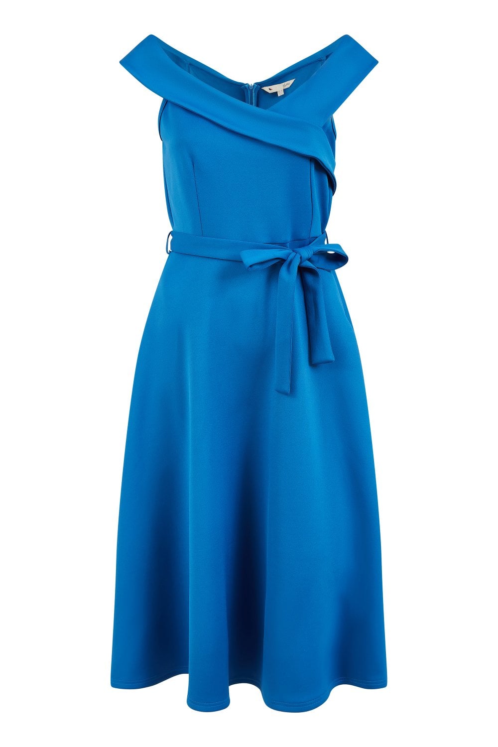 Yumi Blue Bardot Stretch Midi Skater Dress Yumi