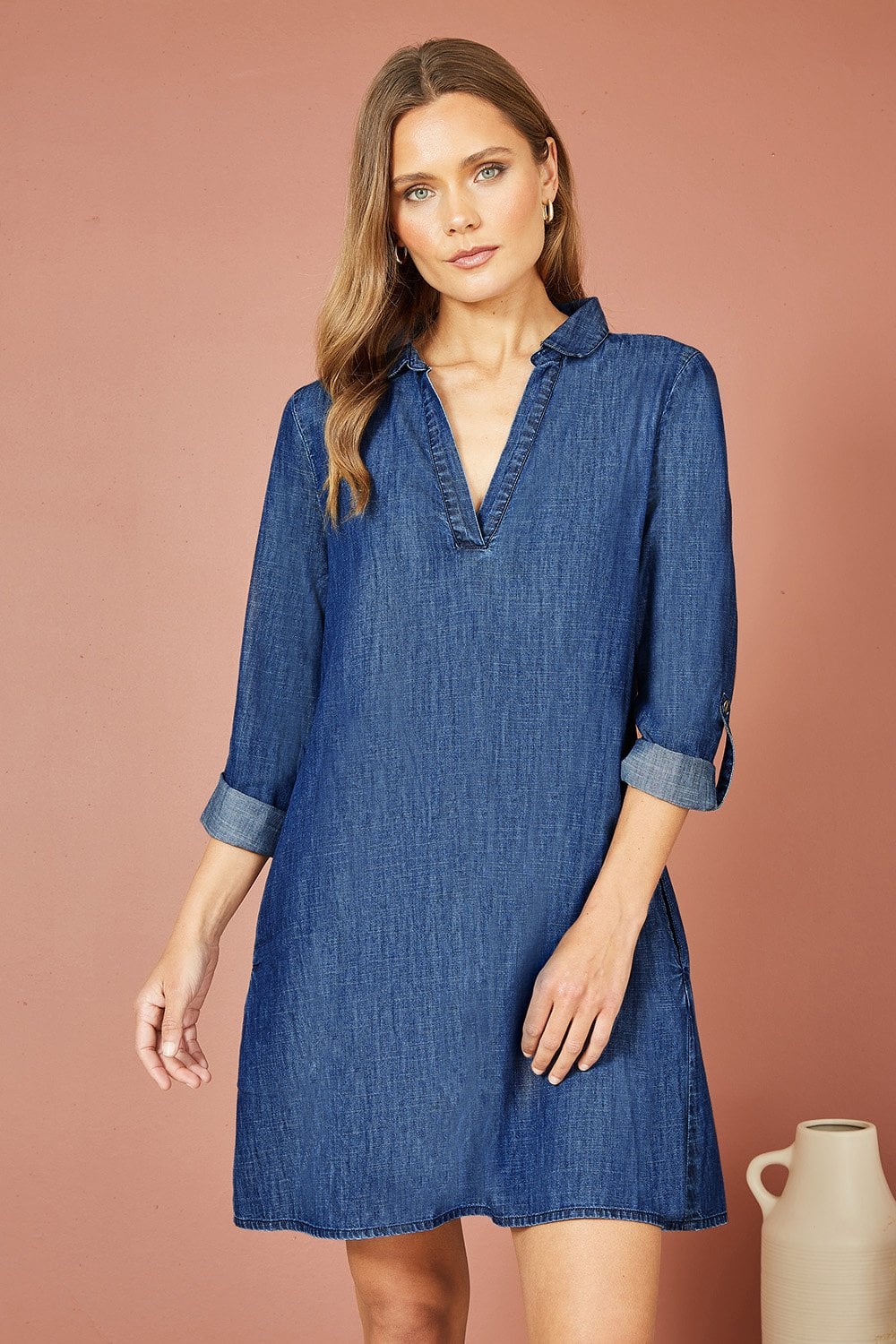 Yumi Blue Chambray Cotton Tunic With Pockets Yumi