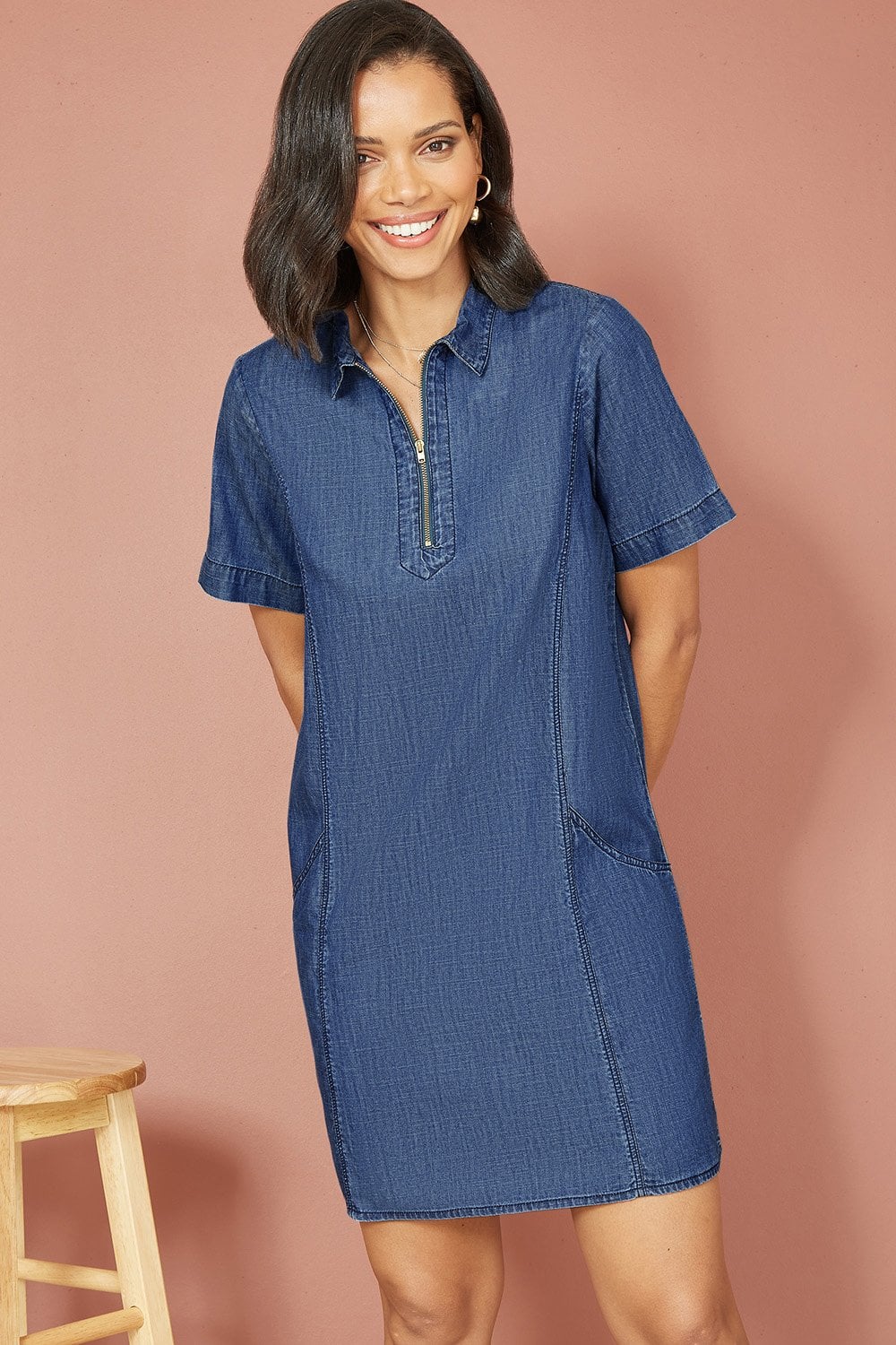 Yumi Blue Cotton Chambray Tunic With Zip Neckline Yumi