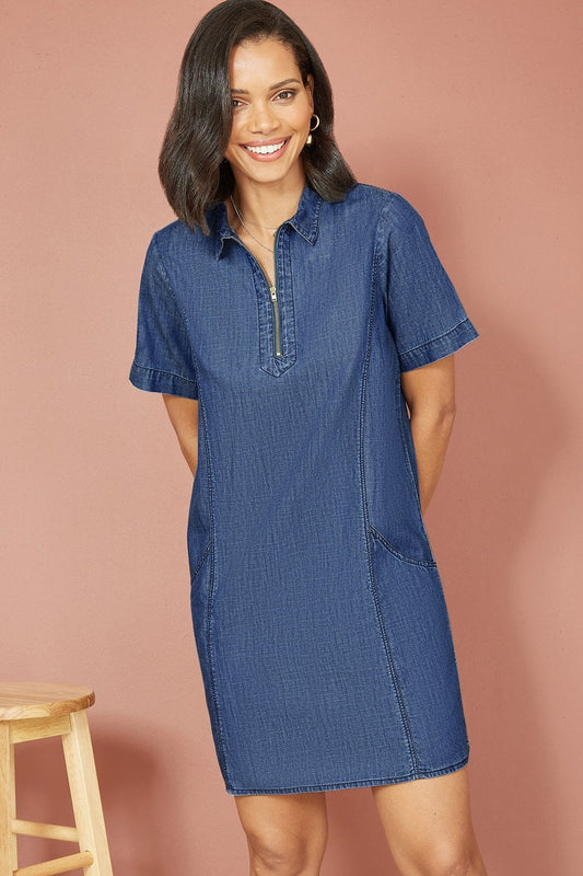 Yumi Blue Cotton Chambray Tunic With Zip Neckline Yumi