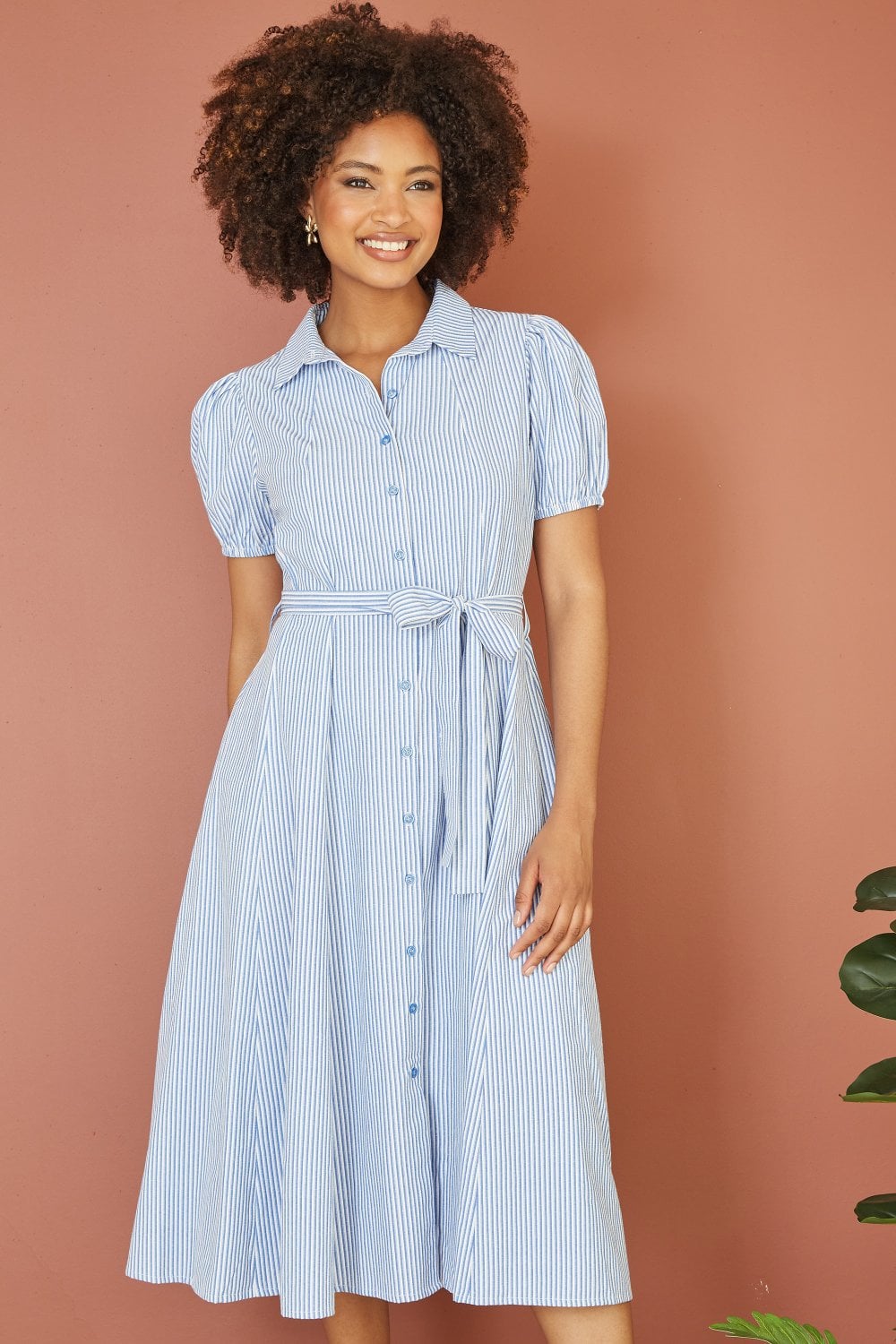 Yumi Blue Cotton Striped Midi Shirt Dress Yumi