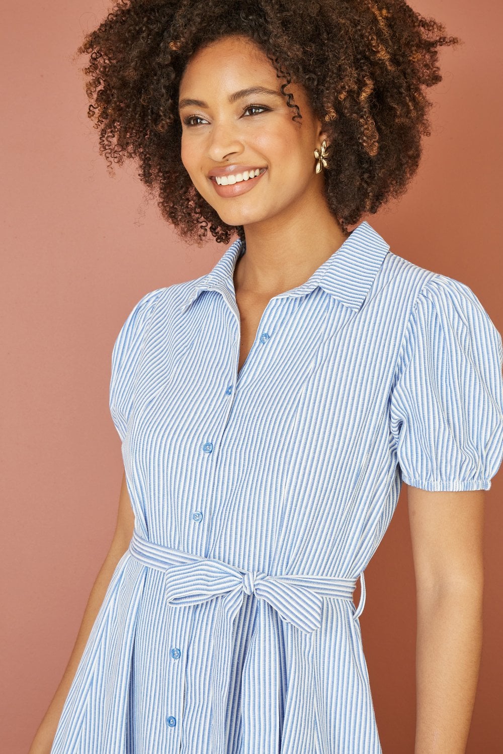 Yumi Blue Cotton Striped Midi Shirt Dress Yumi