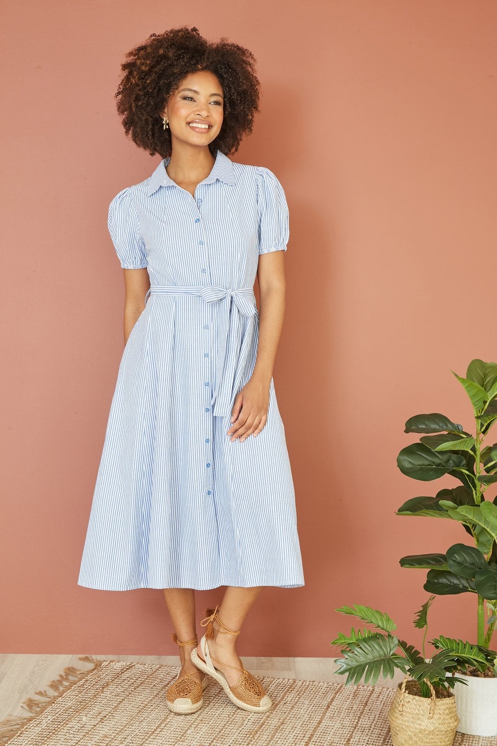 Yumi Blue Cotton Striped Midi Shirt Dress Yumi