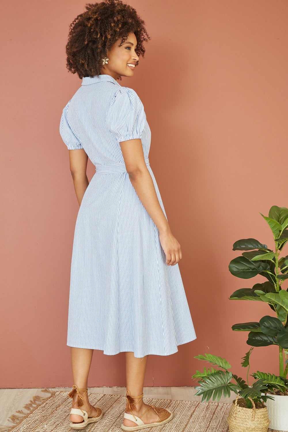 Yumi Blue Cotton Striped Midi Shirt Dress Yumi