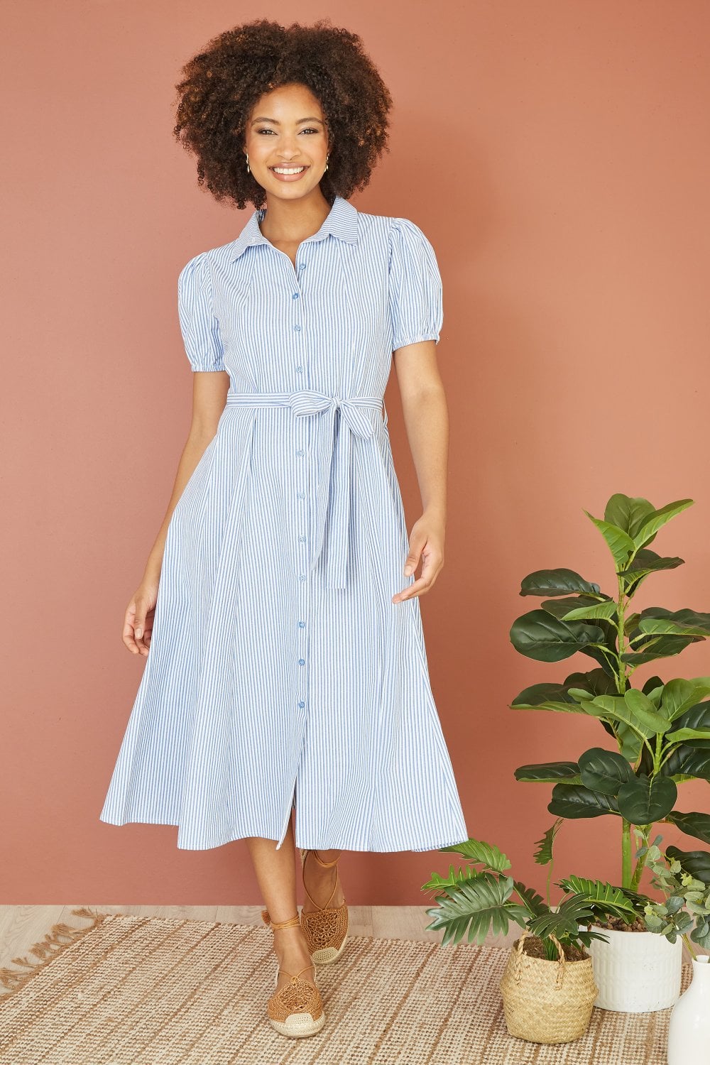 Yumi Blue Cotton Striped Midi Shirt Dress Yumi