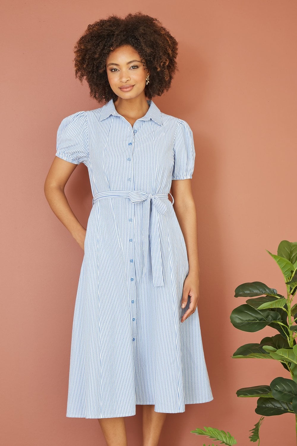 Yumi Blue Cotton Striped Midi Shirt Dress Yumi