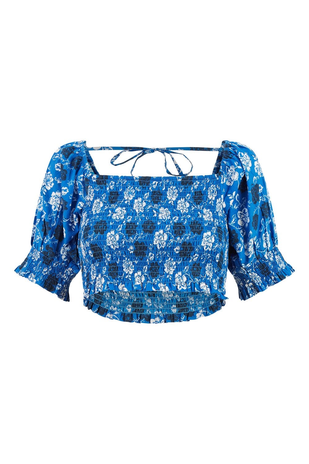 Yumi Blue Cotton Voile Floral Ruched Crop Top Yumi