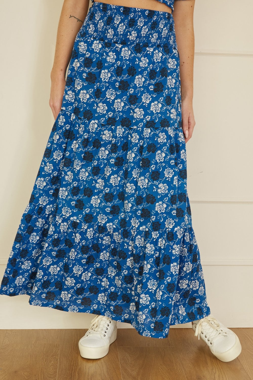 Yumi Blue Cotton Voile Floral Ruched Waist Midi Skirt Yumi