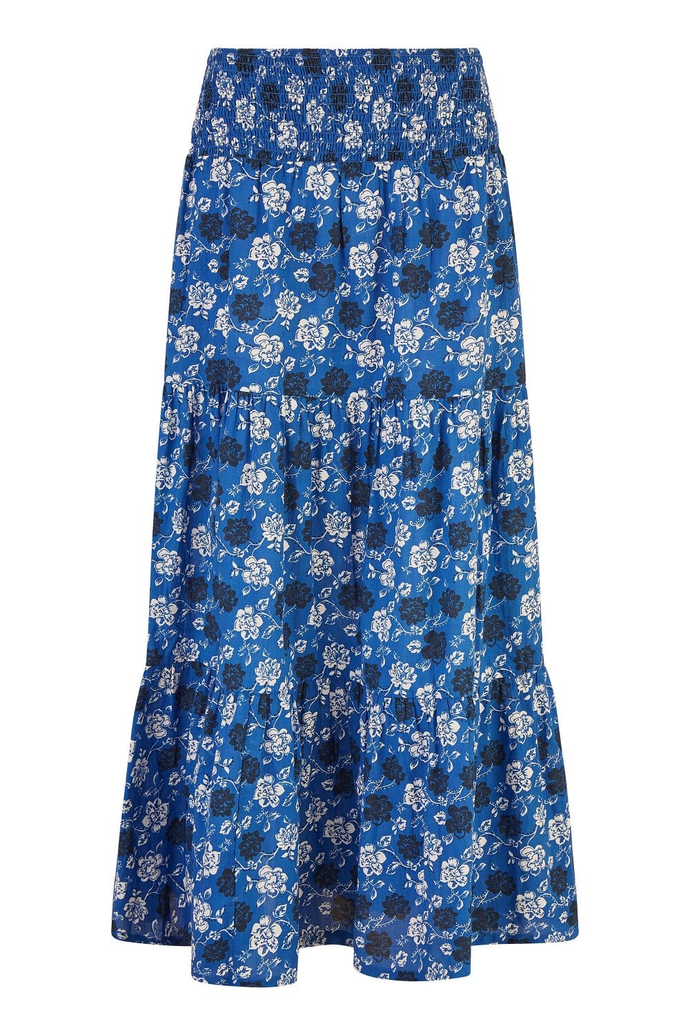 Yumi Blue Cotton Voile Floral Ruched Waist Midi Skirt Yumi