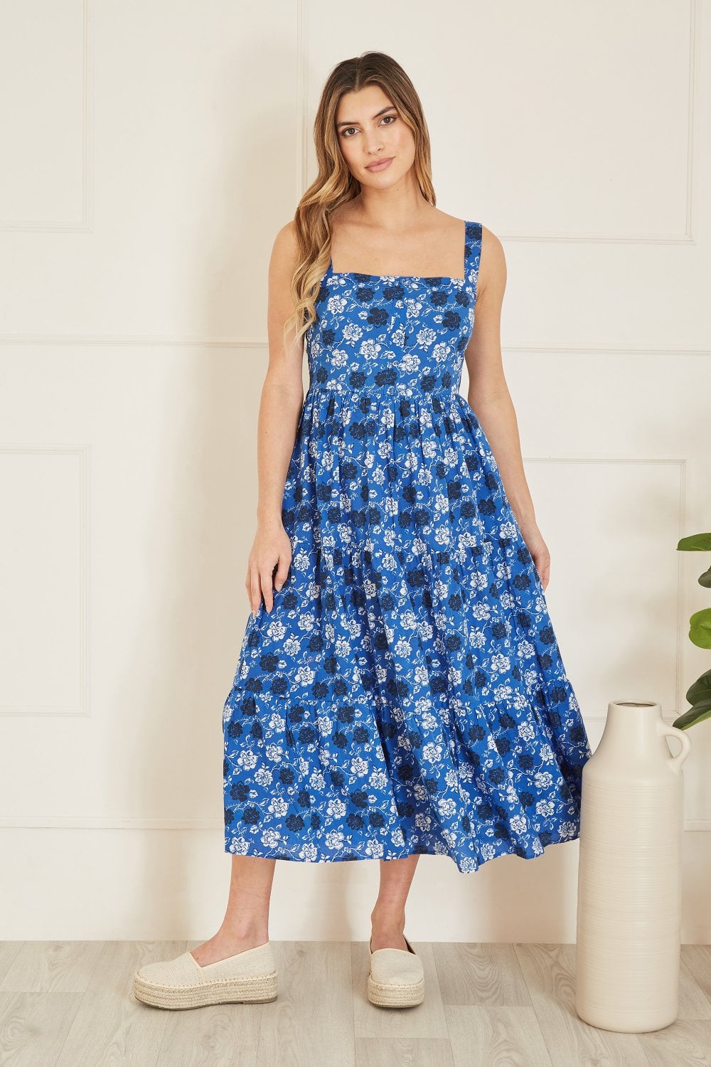 Yumi Blue Cotton Voile Floral Strappy Midi Sun Dress Yumi