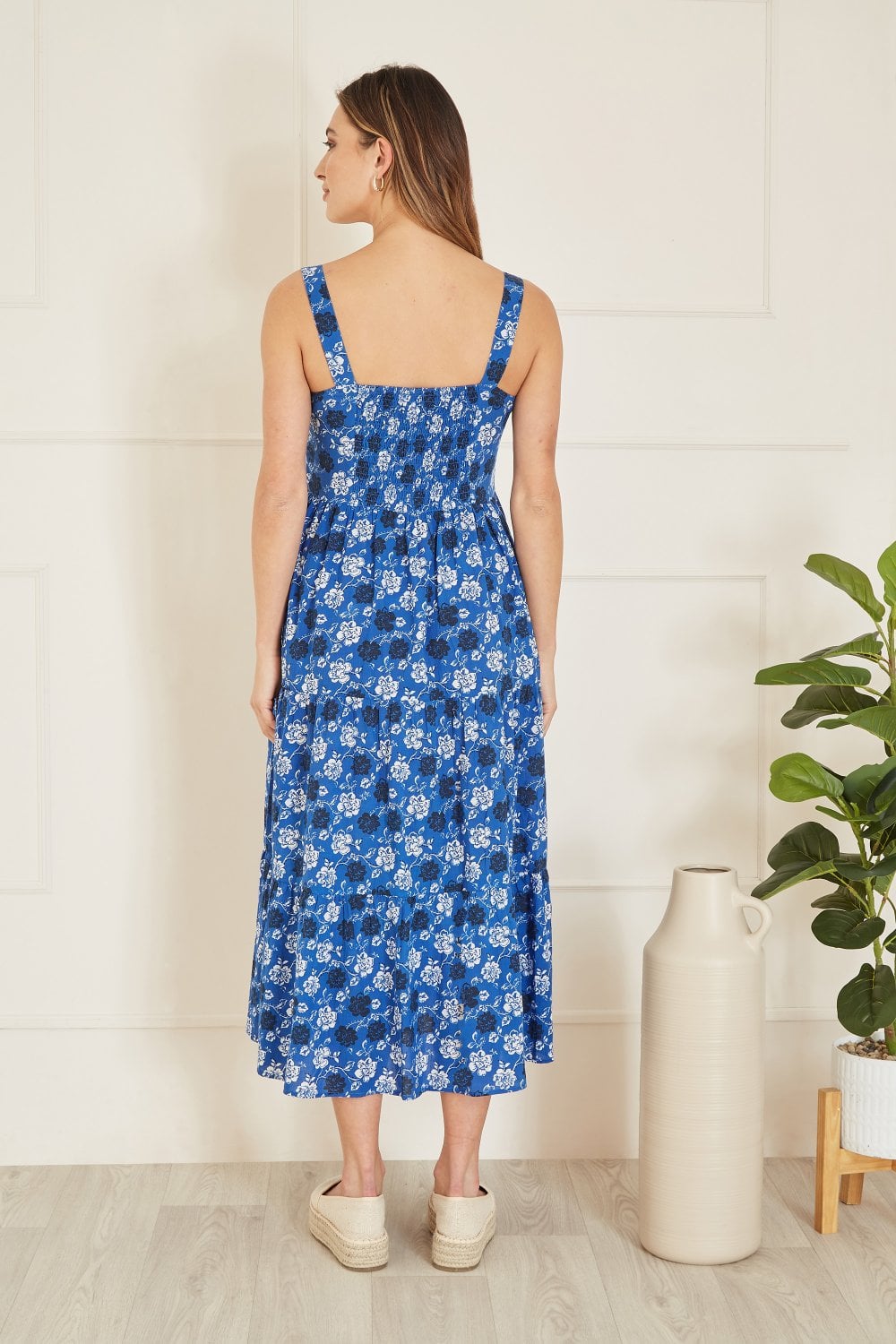 Yumi Blue Cotton Voile Floral Strappy Midi Sun Dress Yumi