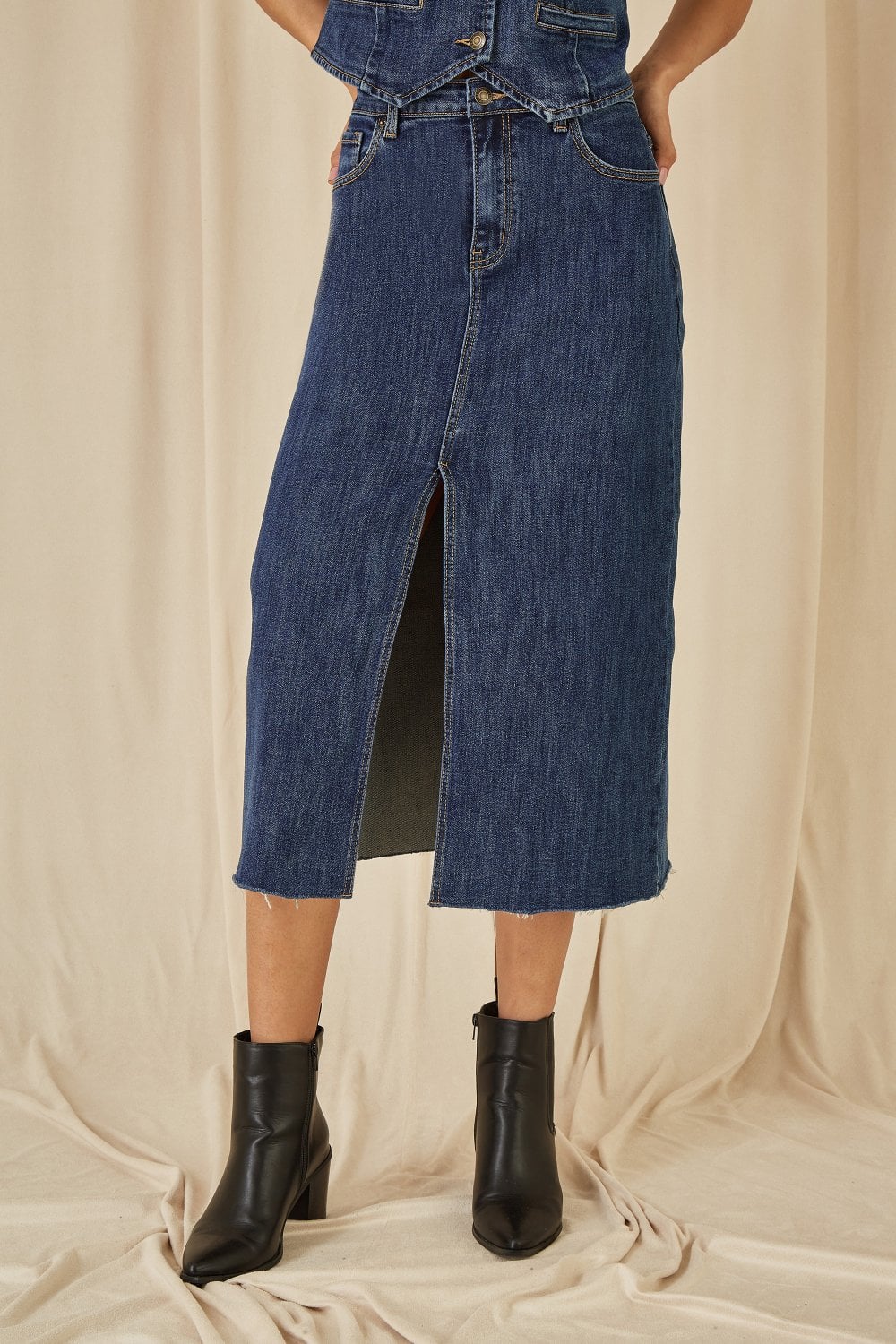 Yumi Blue Denim Stretch Fitted Midi Skirt With Front Split Yumi