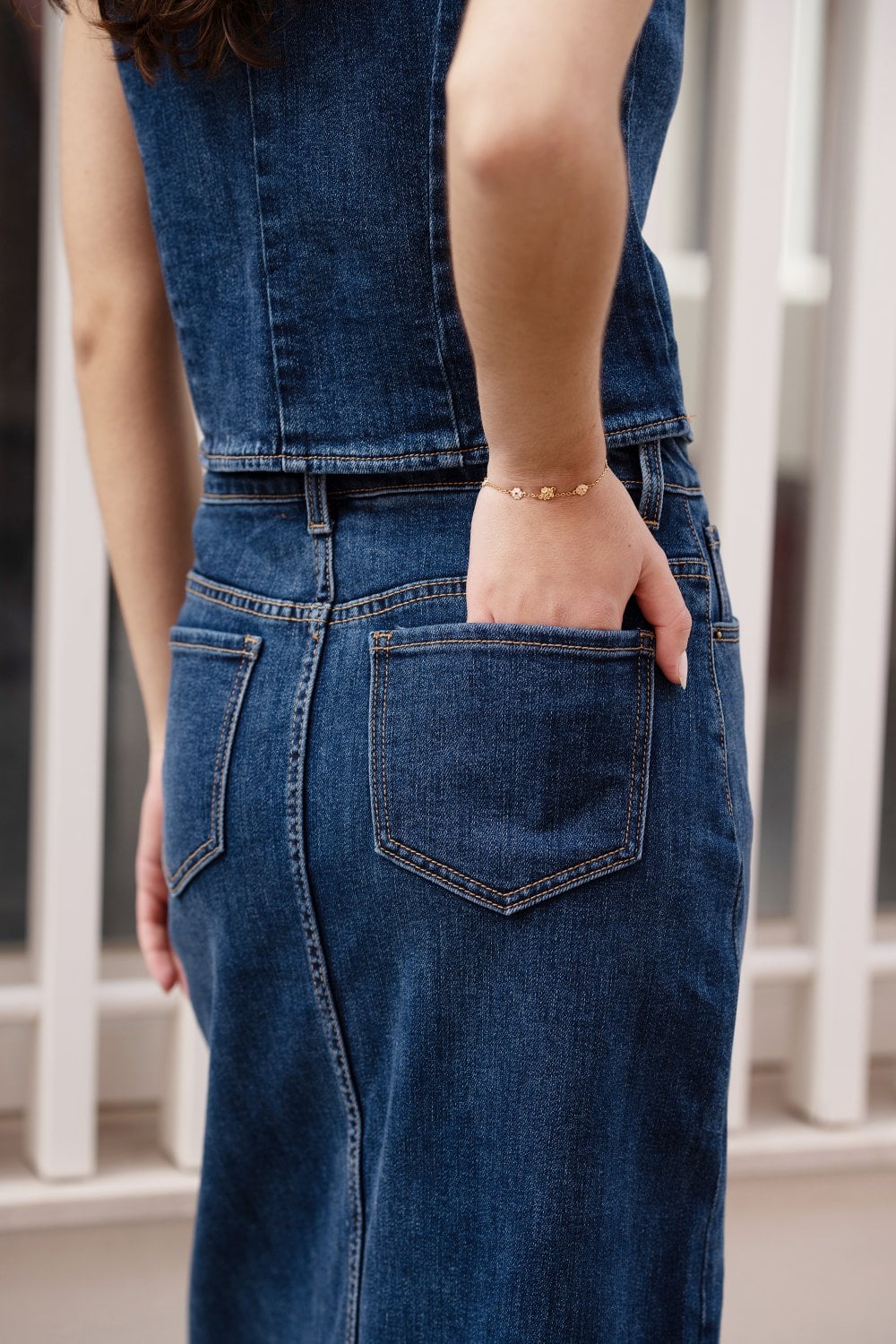 Yumi Blue Denim Stretch Fitted Midi Skirt With Front Split Yumi