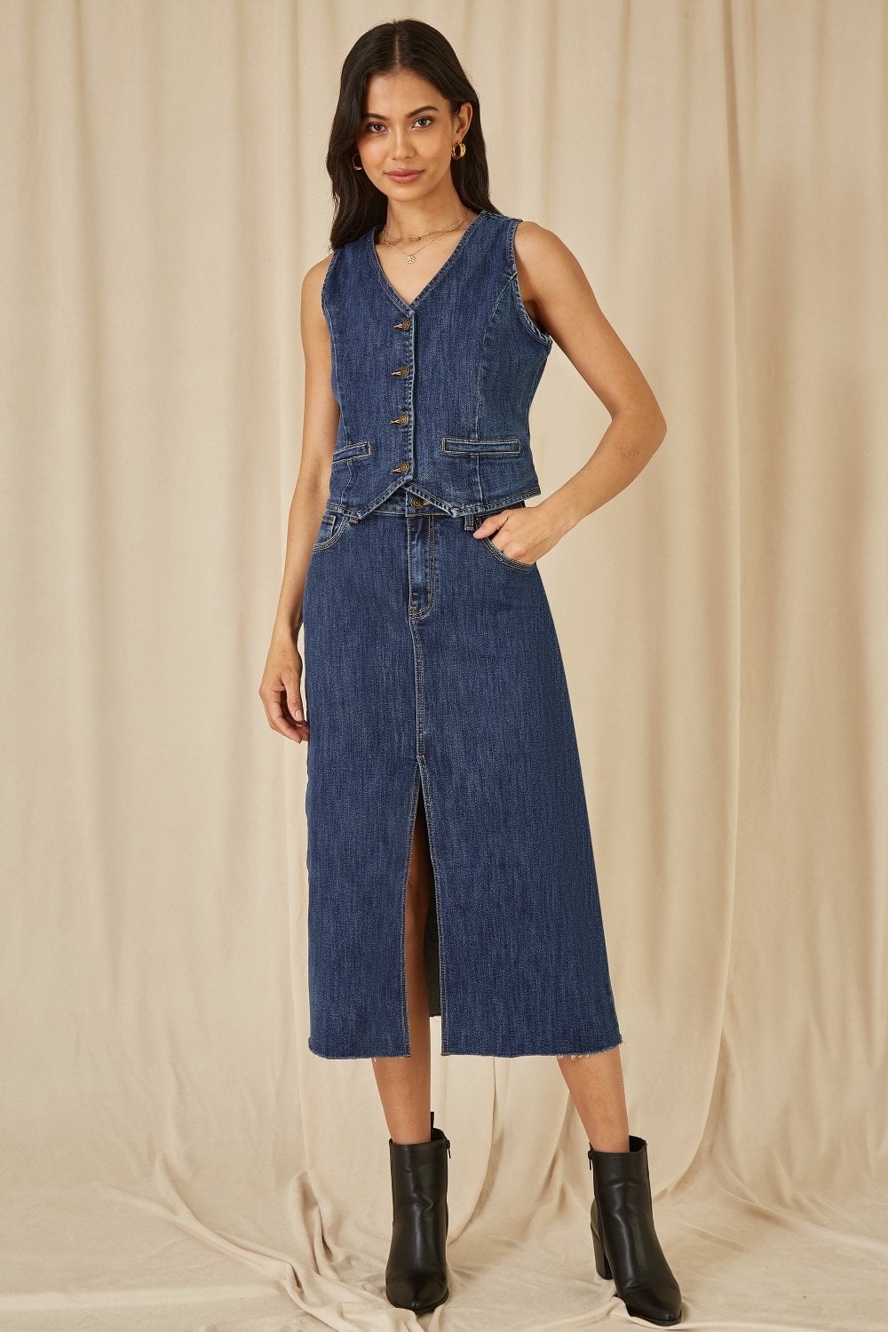 Yumi Blue Denim Stretch Waistcoat Yumi