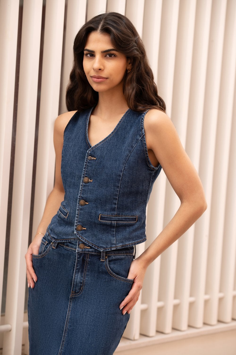 Yumi Blue Denim Stretch Waistcoat Yumi