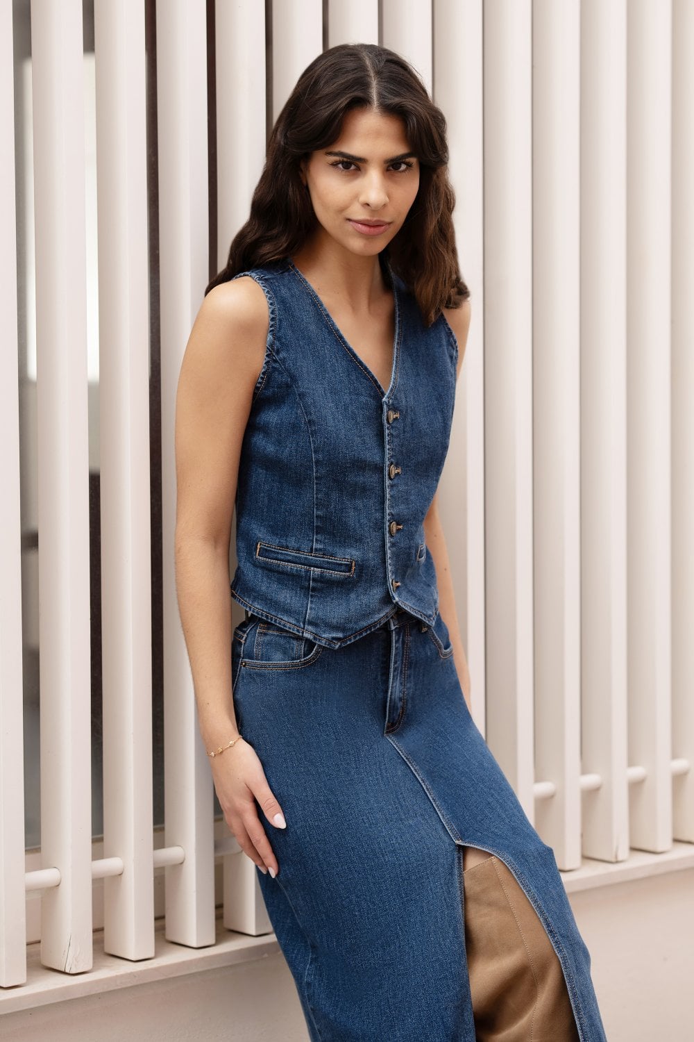 Yumi Blue Denim Stretch Waistcoat Yumi