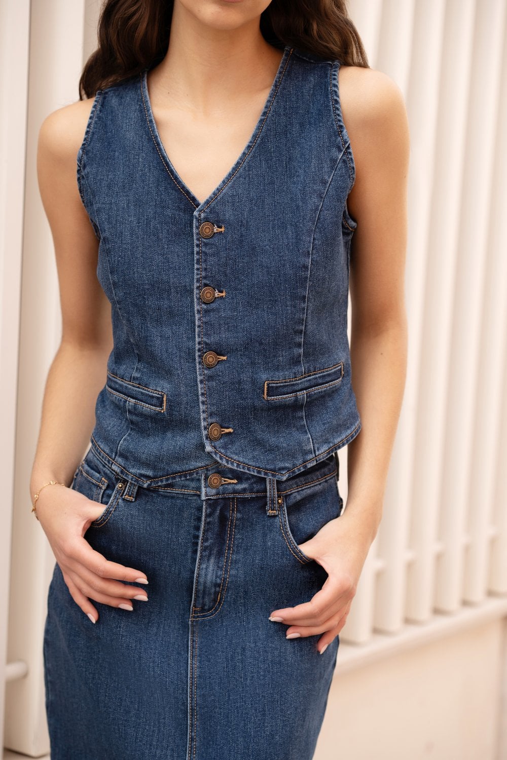 Yumi Blue Denim Stretch Waistcoat Yumi