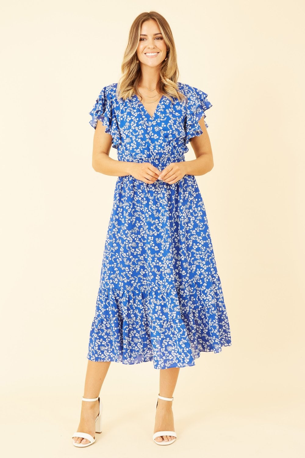 Yumi Blue Ditsy Print Midi Dress With Frill Sleeve Yumi