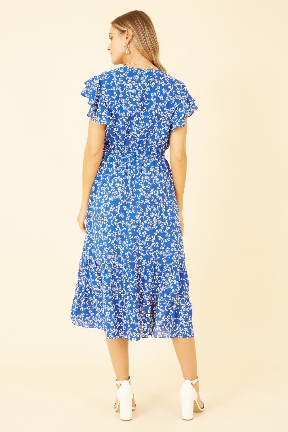 Yumi Blue Ditsy Print Midi Dress With Frill Sleeve Yumi