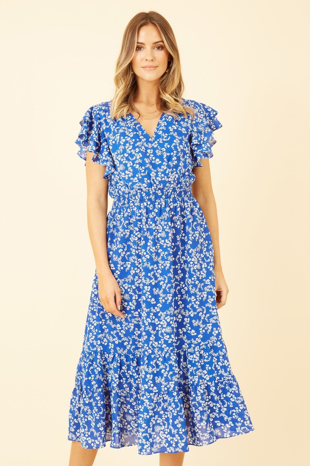 Yumi Blue Ditsy Print Midi Dress With Frill Sleeve Yumi