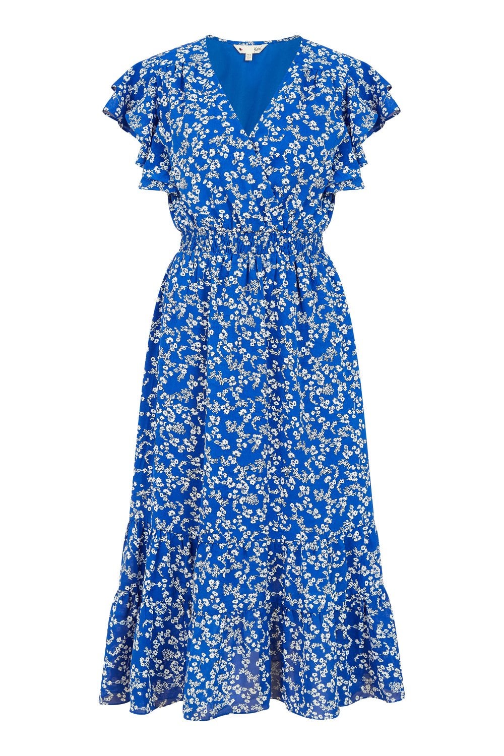 Yumi Blue Ditsy Print Midi Dress With Frill Sleeve Yumi