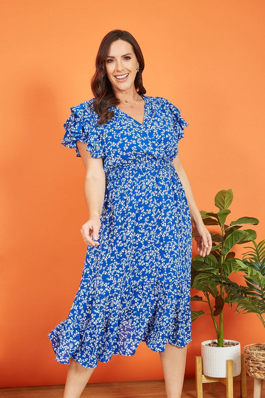 Yumi Blue Ditsy Print Midi Dress With Frill Sleeve Yumi