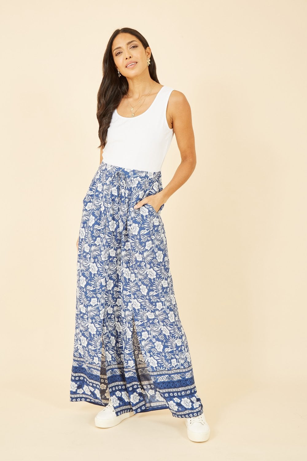 Yumi Blue Floral Border Relaxed Fit Trousers Yumi