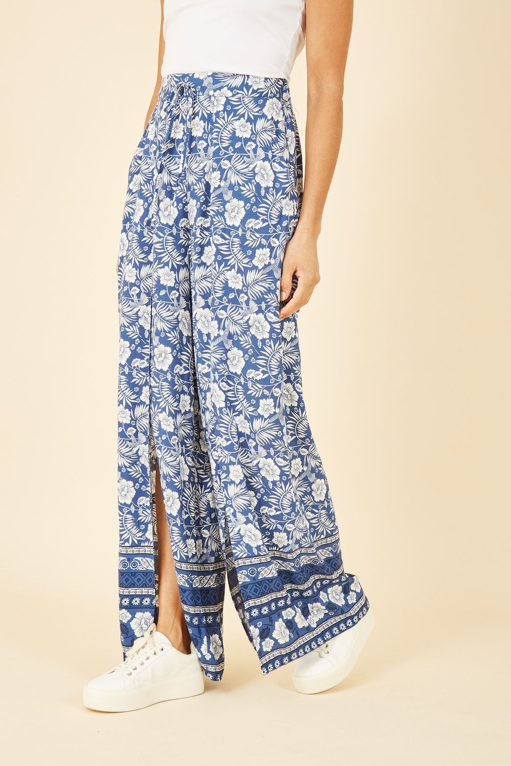 Yumi Blue Floral Border Relaxed Fit Trousers Yumi