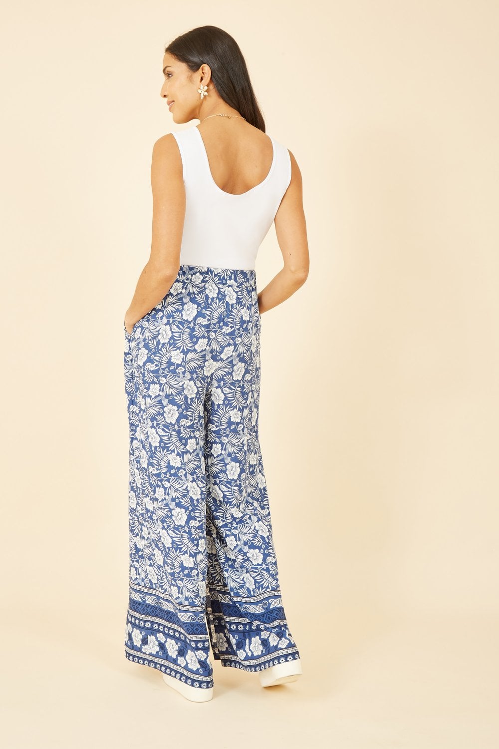 Yumi Blue Floral Border Relaxed Fit Trousers Yumi