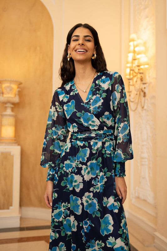 Yumi Blue Floral Mesh Wrap Dress With Long Sleeves Yumi