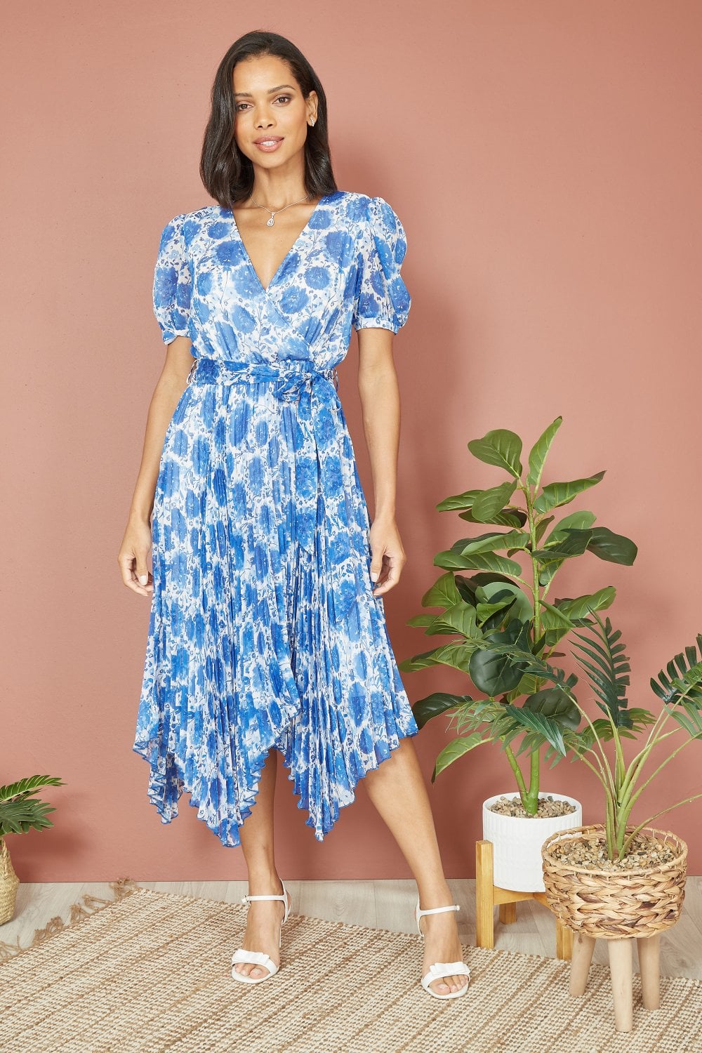 Yumi Blue Floral Pleated Midi Dress With Puff Sleeves Yumi