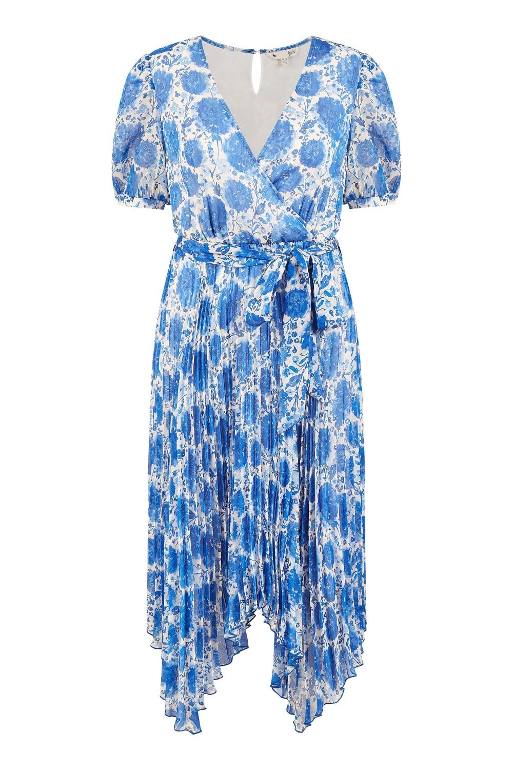 Yumi Blue Floral Pleated Midi Dress With Puff Sleeves Yumi