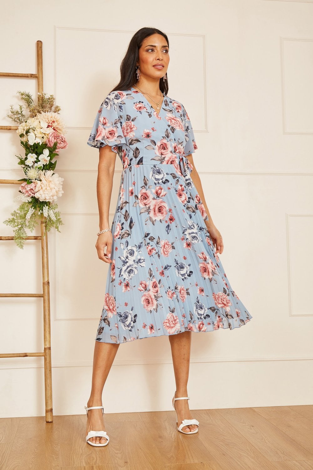 Yumi Blue Floral Pleated Wrap Midi Dress Yumi