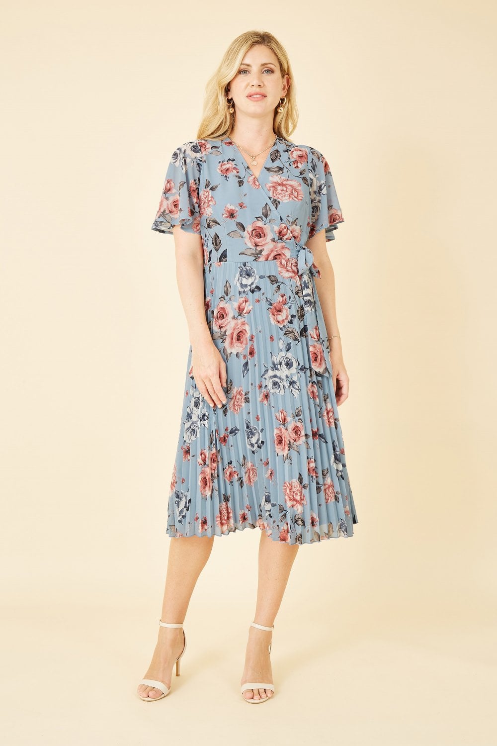 Yumi Blue Floral Pleated Wrap Midi Dress Yumi