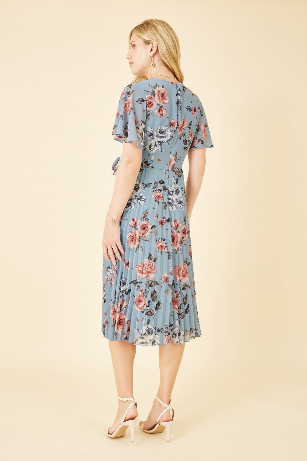 Yumi Blue Floral Pleated Wrap Midi Dress Yumi