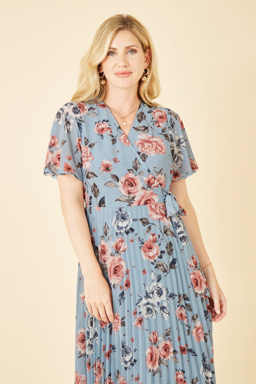 Yumi Blue Floral Pleated Wrap Midi Dress Yumi