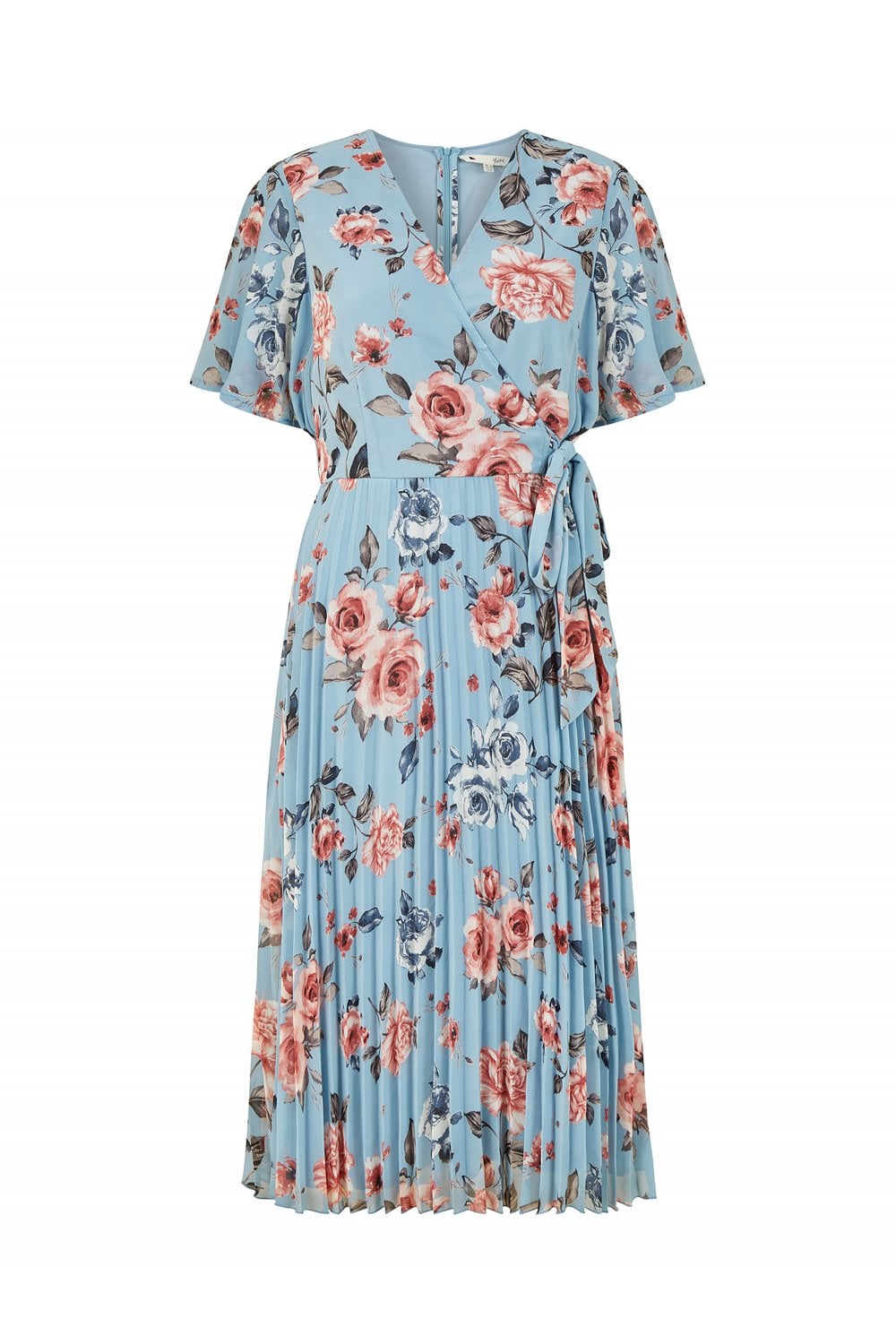 Yumi Blue Floral Pleated Wrap Midi Dress Yumi