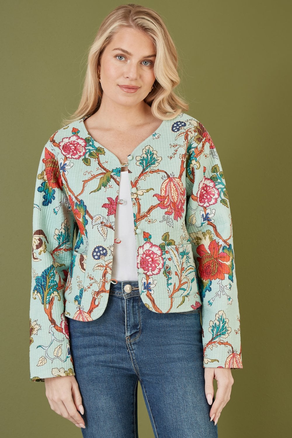 Yumi Blue Floral Print Reversible Cotton Cropped Quilted Jacket Yumi