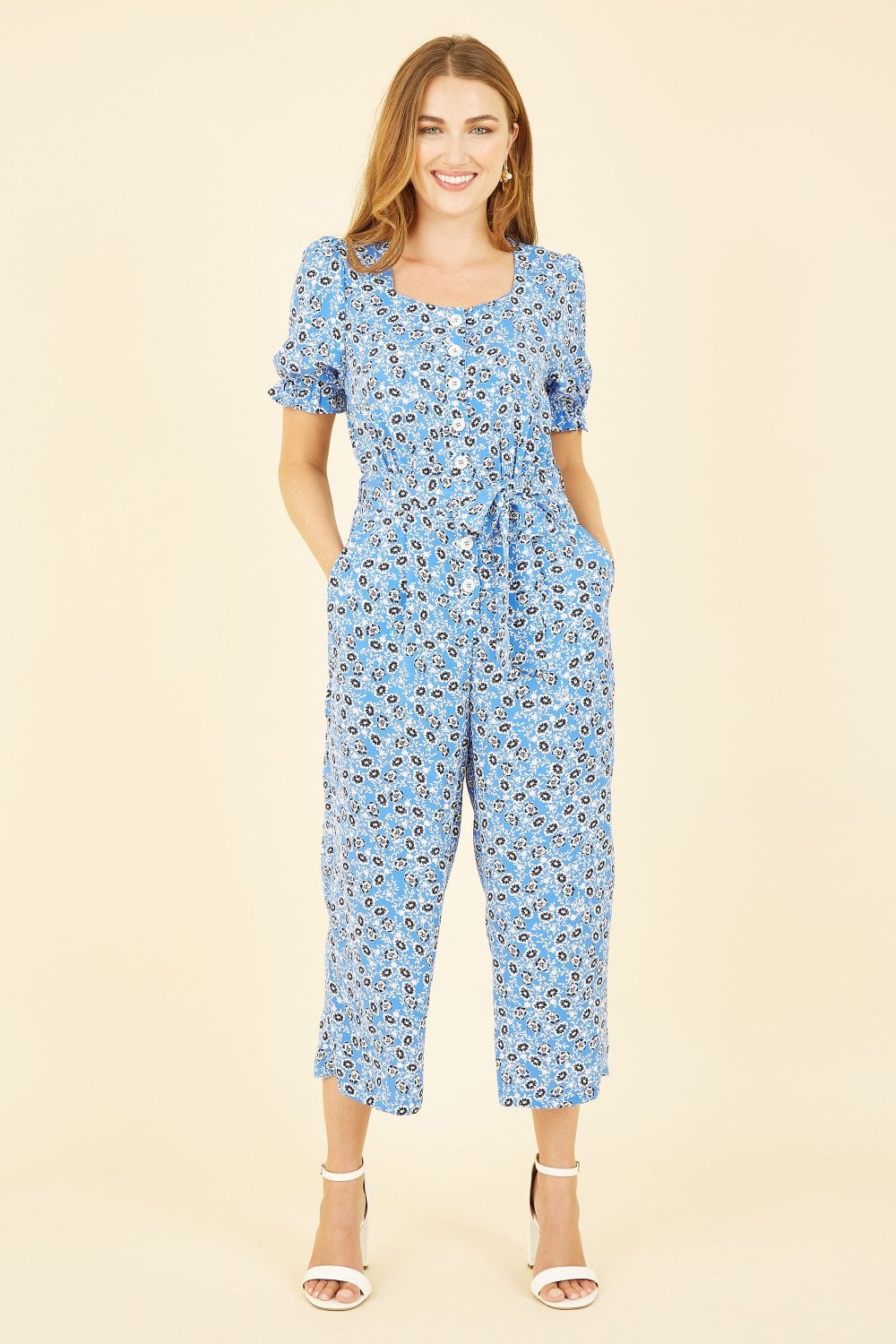 Yumi Blue Floral Puff Sleeve Jumpsuit Yumi