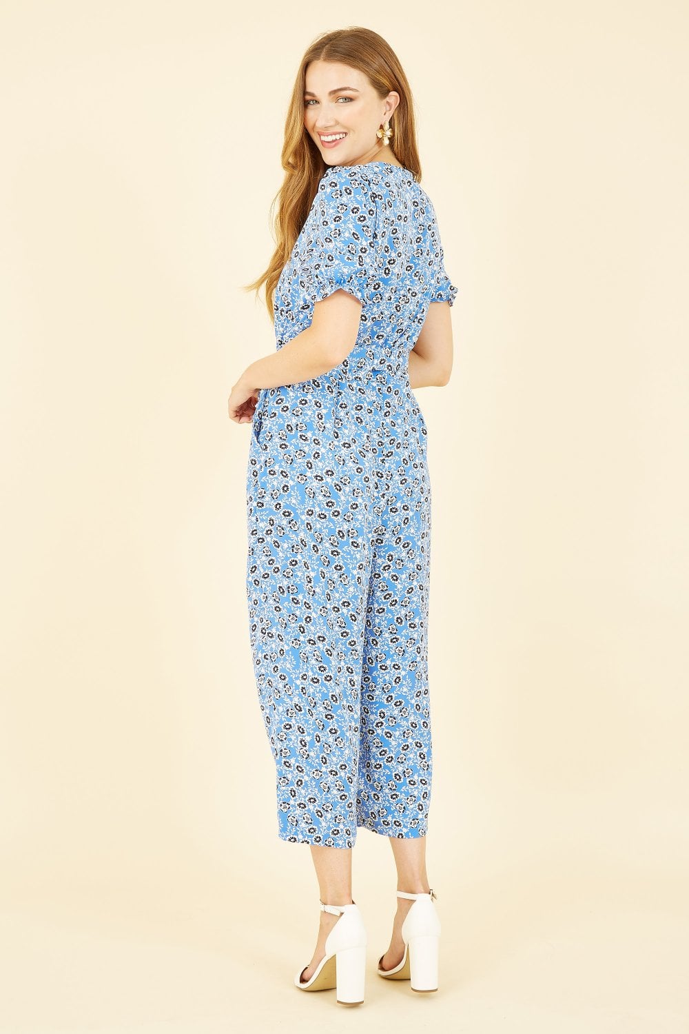 Yumi Blue Floral Puff Sleeve Jumpsuit Yumi