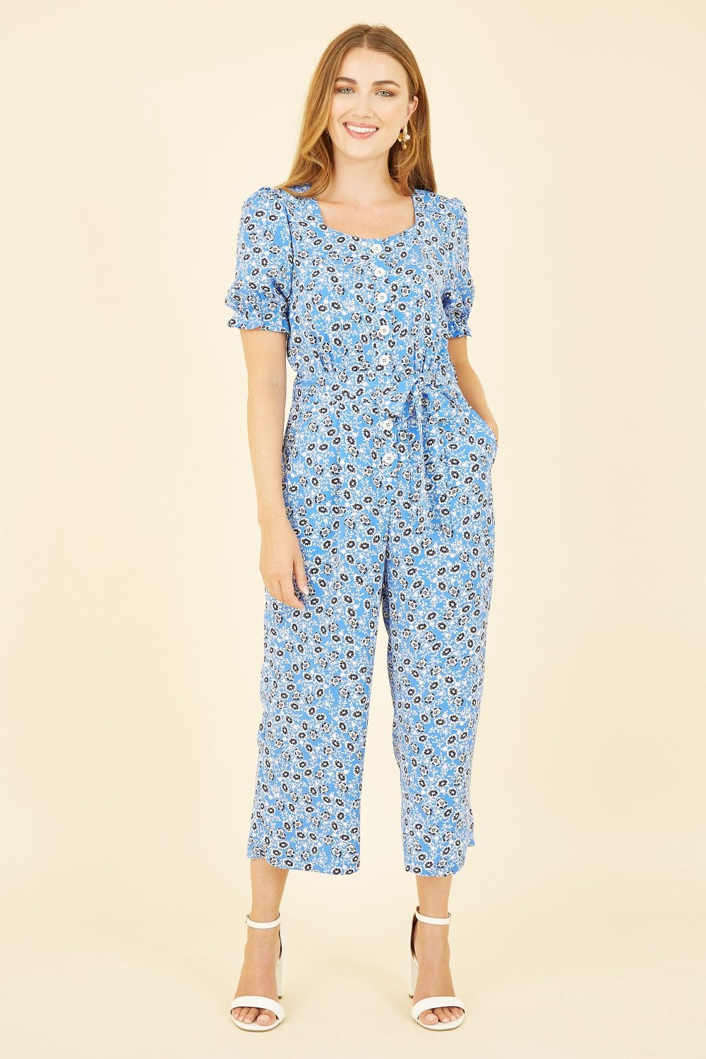 Yumi Blue Floral Puff Sleeve Jumpsuit Yumi