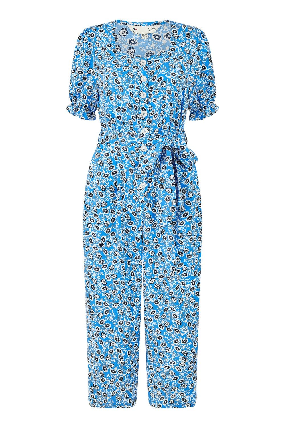 Yumi Blue Floral Puff Sleeve Jumpsuit Yumi