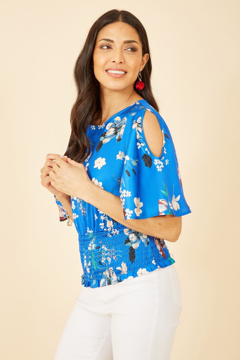 Yumi Blue Floral Satin Top With Angel Sleeves Yumi