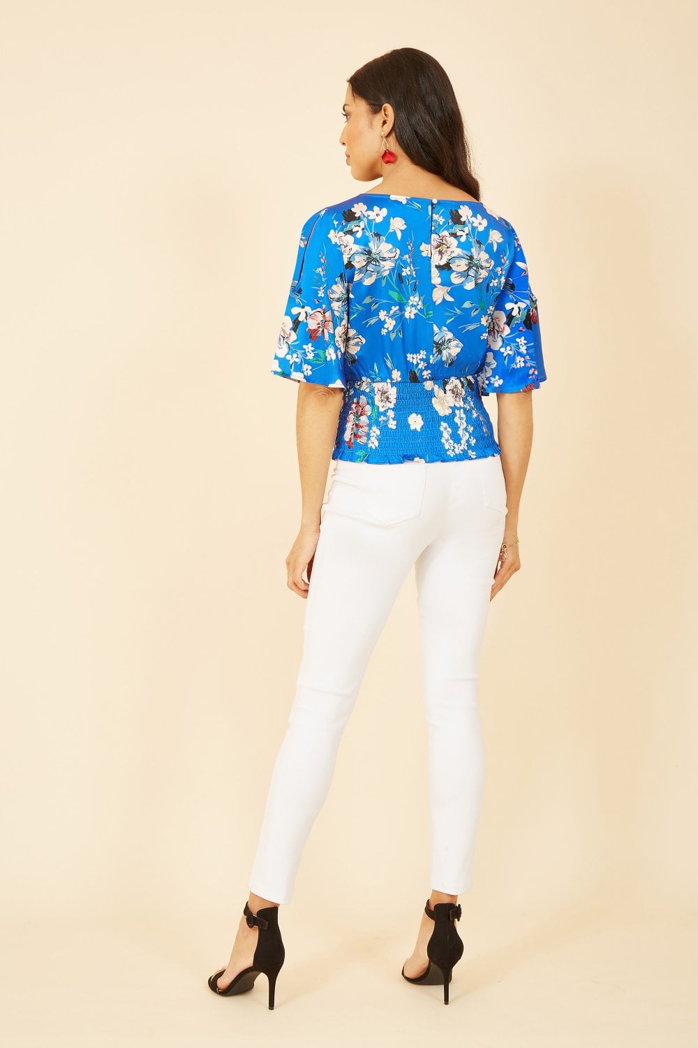 Yumi Blue Floral Satin Top With Angel Sleeves Yumi